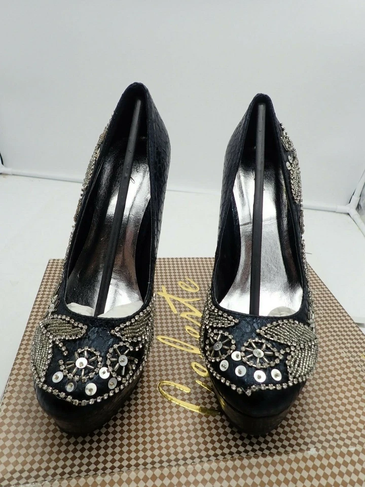 Zapatos de salón de noche Celeste negros metálicos diseño pedrería y cuentas talla 9 M Foto 3 de 4