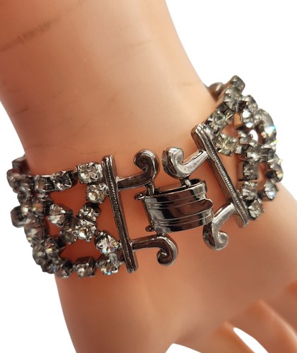 Set Prong Vintage Strass Trasparenti Tono Argento Bracciale Largo 1" Lungo 7,25" - Foto 5 di 16