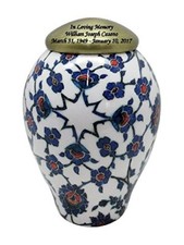 Blue Floral Enamel Cremation Urn, Memorial Adult Human Urn with Personalization