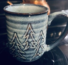 NWT Blue Pottery Mug Winter Trees Jumbo Coffee Cup Peppermint Pine