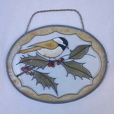 Vintage Hanging Chickadee on Branch Sun Catcher Stained Glass Window Decoration