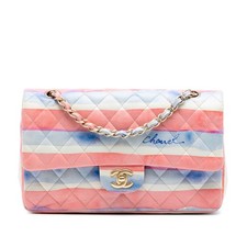 Authenticated Chanel Medium Classic Printed Lambskin Watercolor Double Flap Pink