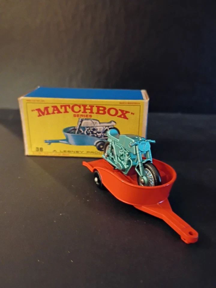 Matchbox #38C Honda мотоцикл и прицеп 1967 синий зеленый/оранжевый Trl оригинал E4 коробка - Изображение 4 из 4