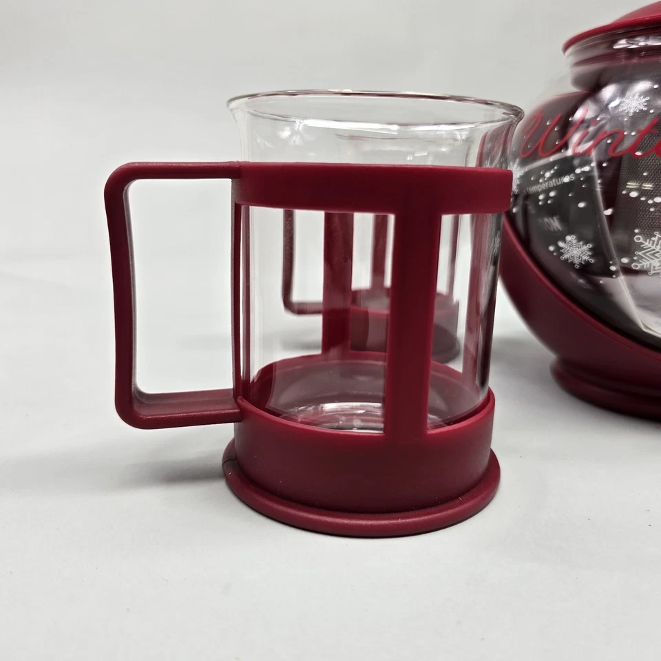 Red Winter Wonderland Half Moon Teapot Set with 4 Tea Cups Removable Filter - Image 2 of 4