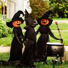 Halloween Decorations,Set of 3 Light Up Pumpkins Witches with Stakes  Voice Contr