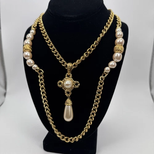 Givenchy collana ciondolo perle finte tono oro 21” doppio filo goccia grossa