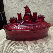 Rare Westmoreland? Amberina Uncle Sam on Boat Covered Candy Dish- Glows