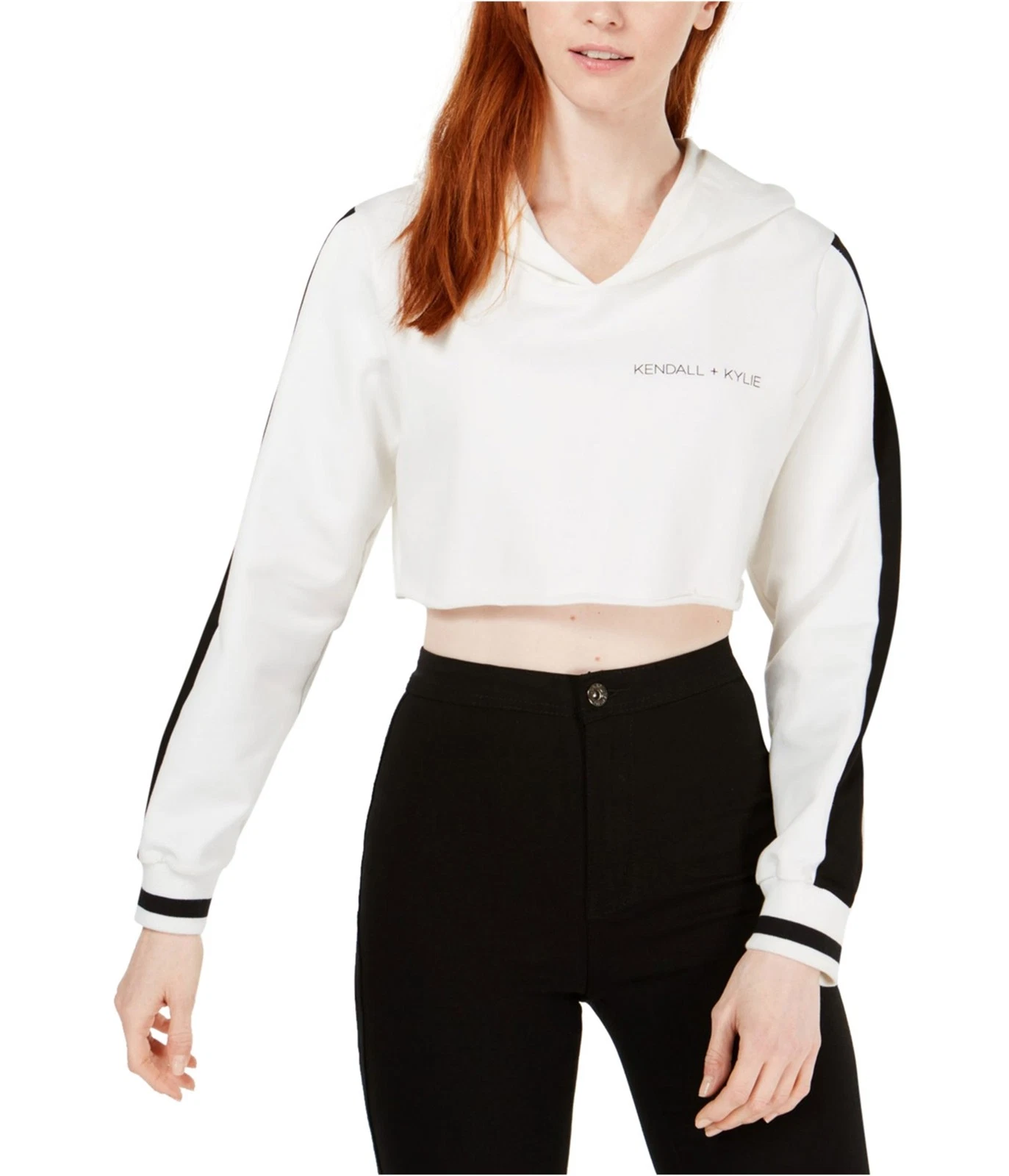 Kendall + Kylie Womens Cropped Hoodie Sweatshirt, white, S