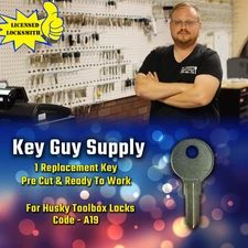 A19. Replacement key for Husky tool box locks with code A19. Cut by a locksmith.