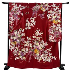 JAPANESE KIMONO FURISODE RED 166.5cm 5 ft 6 in PURE SILK B0018