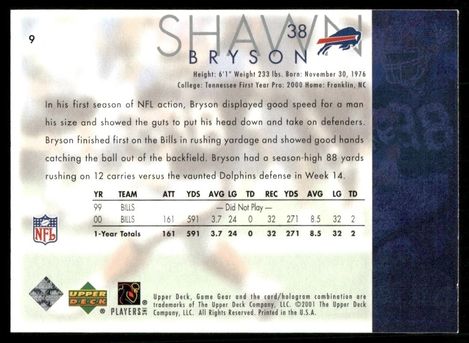 2001 UD Game Gear Shawn Bryson Buffalo Bills #9 - Image 2 of 2