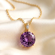 14K Solid Yellow Gold 5 Ctw Natural Amethyst Gemstone Pendant Necklace 18 in