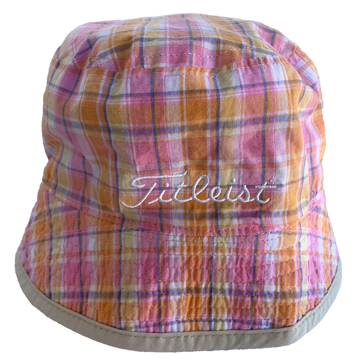 NEW TITLEIST Women's Reversible Cotton Golf Bucket Hat-Beige/Pink Plaid