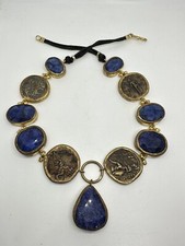 Handmade Lapis Lazuli Stones & Roman Coins Gold Tone 18" Statement Cord Necklace