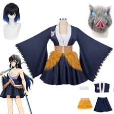 Anime Demon Slayer Hashibira Inosuke Cosplay Costume Dress Long Wig Maid Outfit