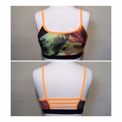EUC Reebok SpeedWICK Strappy Sports Bra w/ Pads ORANGE BLACK 3D FLORAL XS MS $45