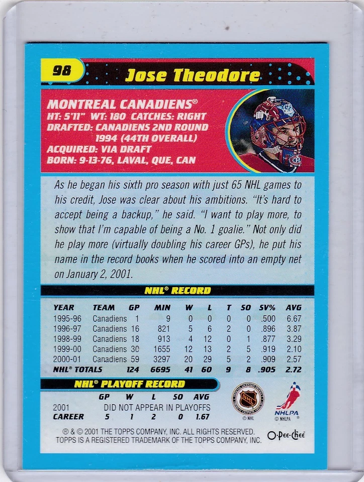  2001-02 TOPPS / O-PEE-CHEE NO. 98 JOSE THEODORE MONTREAL CANADIENS - Image 2 of 2