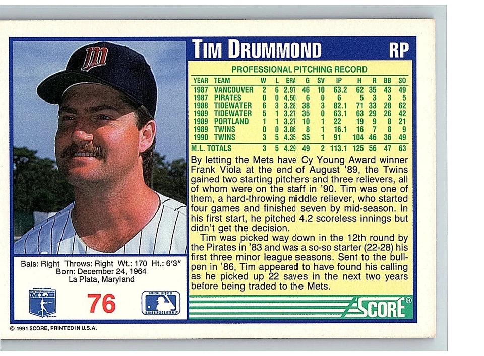 1991 Score Baseball Card Single - #76 Tim Drummond - Image 2 of 2