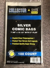 COLLECTOR SAFE CLEAR SILVER AGE COMIC BAGS WITH 2" FLAP 100 COUNT