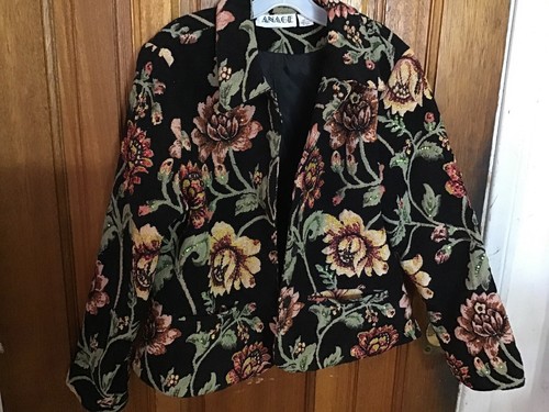 Anage VTG Womens Sequin Floral Jacket Cotton Lined Artsy Size L Black Colorful - Picture 2 of 6