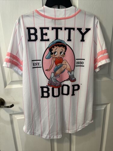Betty Boop Pinstripe Button Up Baseball Novelty Jersey Pink White Stripe Size Sm - Picture 4 of 9