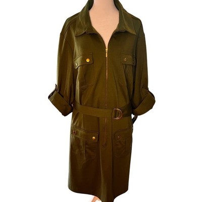 Sharagano Woman Olive Green Utility Shirt Dress Size 24W NWT Zip Front Belted