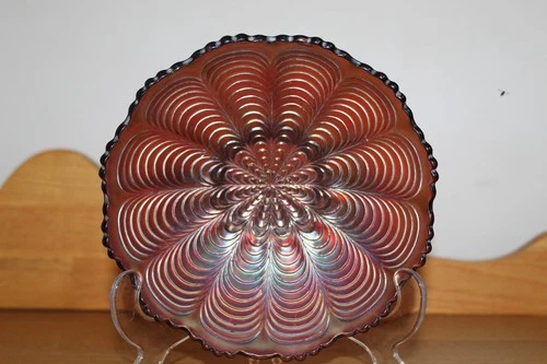 Vtg Carnival Glass Amber Peacock Tail Iridescent  Pre 1950's Bowl FENTON?