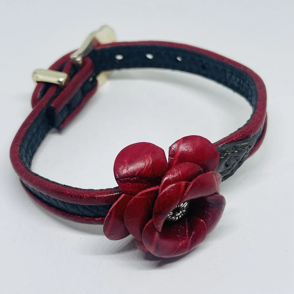 Brighton Red Rose Black Stripe Leather Buckle Bracelet Red Rose Hair Tie Set - Image 4 of 4