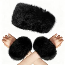 Piece Faux Fur Headband Arm Warmer Set with Elastic Winter Earmuff Hat 2 Black