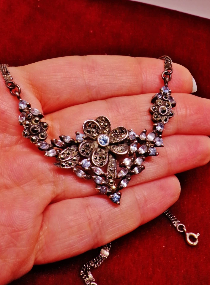 ARGENTO 925 STERLING art deco collana necklace marcasite vintage antica nouveau - Immagine 2 di 4