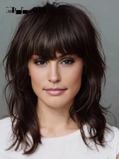 Shoulder Length Dark Brown Hair Blend Heat Ok Wig Natural Wavy With Bangs