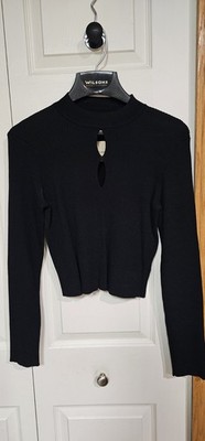 Find Me Now Women's XL Black Long Sleeve Ribbed Knit Keyhole Cropped Sweater