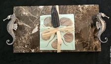 Mud Pie Seahorse Metal Handled Marble Cheese Board & Spreading Knife 7” x 13”