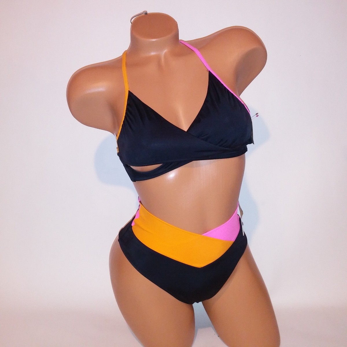 Victoria Secret PINK Swim Bikini XS Top & Bottom Black Pink Orange