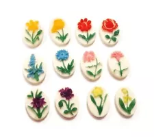 12 Vintage Hong Kong Assorted Color Flowers 14x10mm. Resin Cabochon Cameos 349