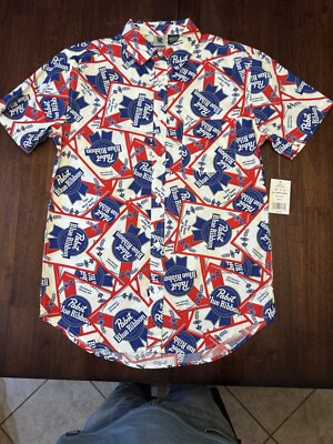 Pabst Blue Ribbon Beer collared button up short sleeve shirt Men s Small