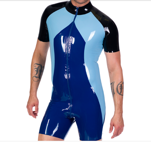 Combinaison de sport en latex 100% caoutchouc wetlook noir bleu body sexy S-XXL - Photo 1/3
