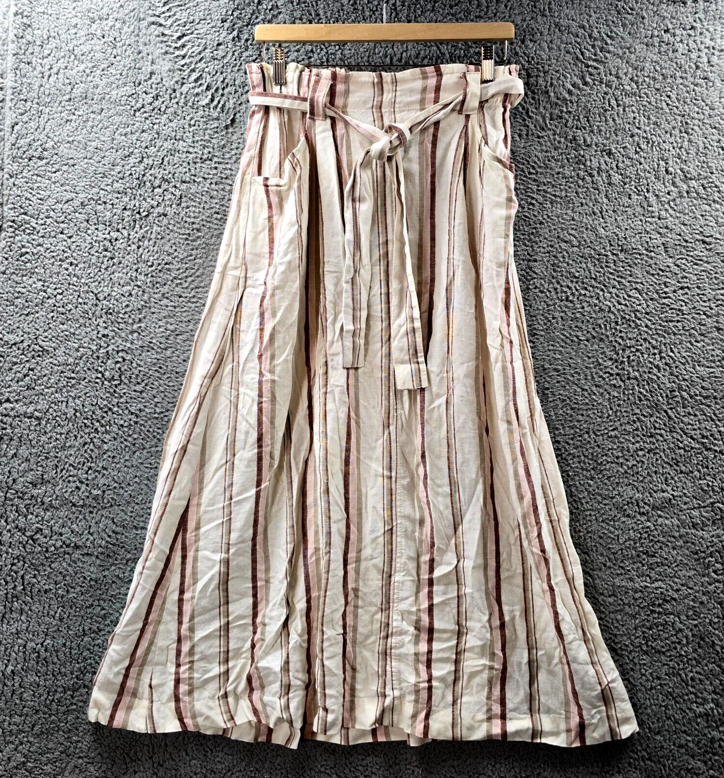 New Anko Womens A-line Midi Skirt Size 12 Ivory Burgundy Stripe Linen Blend Tie