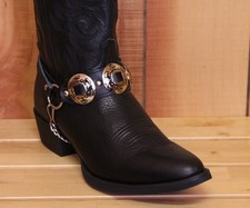 Black Leather Boot Chains with Large Nickel Plated Embossed Conchos