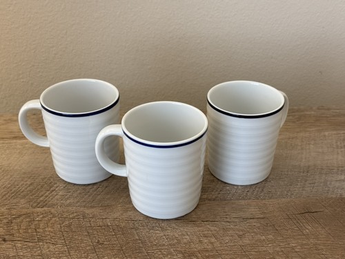 Crate & Barrel White Ribbed Blue Trim Mugs Portugal Spal Porcelain Set of 3 Cups - Picture 4 of 9