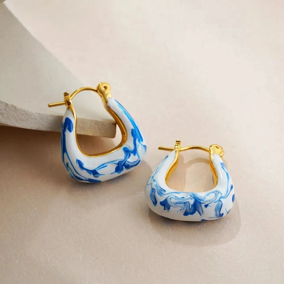 Vintage Blue Enamel U Shape Hoop 18K Gold Plated Dainty Dangle Hoop Earrings - Image 2 of 4