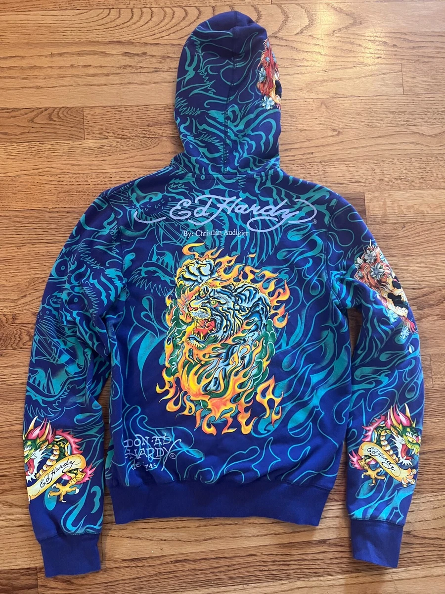 Vintage Ed Hardy by Christian Audigier Tiger Flames All Over Print Hoodie  Small | eBay