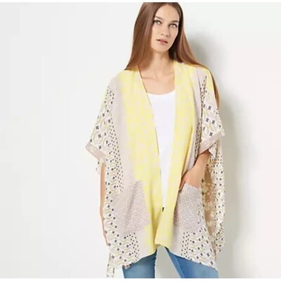 Susan Graver Women's Open Front Cardigan Patch XXS 2XS Sand/Lemon A468674 NEW
