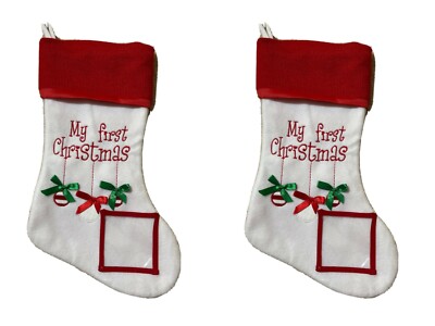 Lot 2-18 In Red White Baby First Christmas Stocking 3.5in X 3.5in Picture Frame