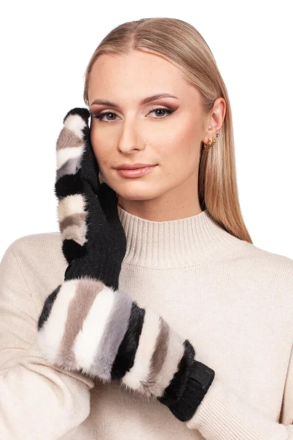 Striped Mink Fur And Wool Flip Top Mittens,Luxury Convertible Warm Winter Gloves