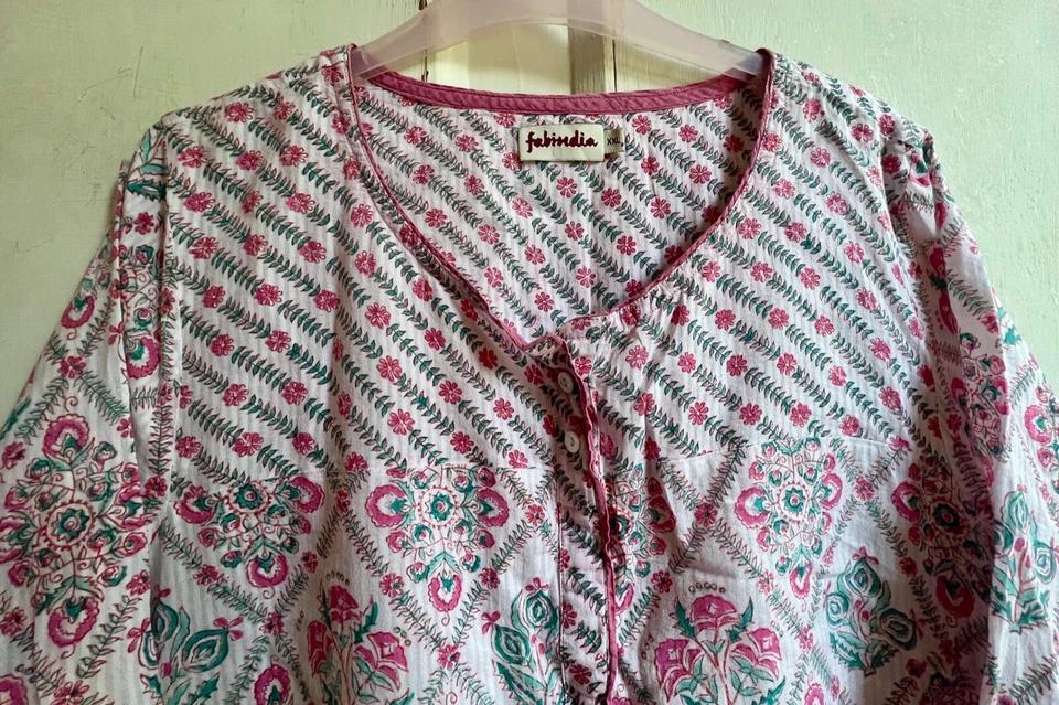 FABINDIA Kaftan Dress XXL Pink Green Floral Hand Block Print Cotton Midi Length - Image 2 of 4