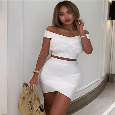 white off the shoulder bandage dress 2 PCs Women White Bandage Off Shoulder Dress Elegant Night Party Vestido  Summer