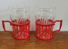 Pair of Coca Cola Glass Diner  Style Red Plastic Holder Soda Fountain Cups