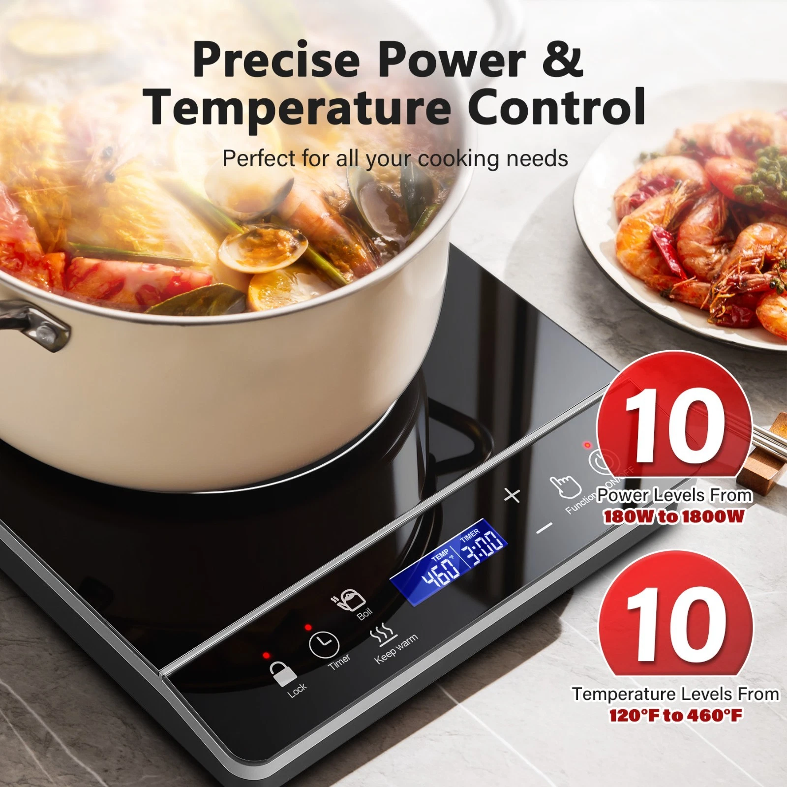 Portable Induction Cooktop 1800W Sensor Touch 3 Hour Timer for RV Apartment Dorm