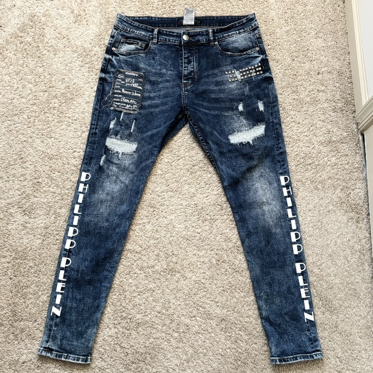 Jeans Homme Philipp Plein Noir à Paillettes - Taille 36/fr 42, Coupe Droite, Excellent état
